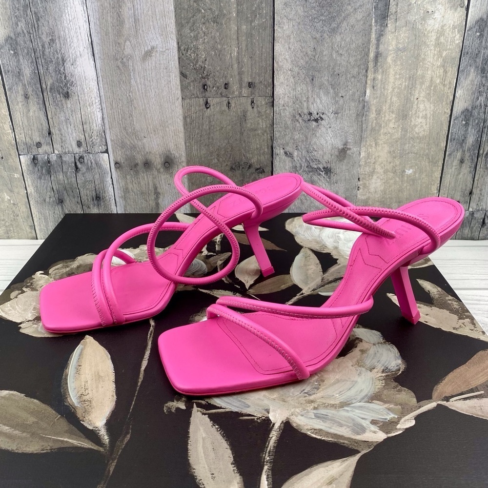 Schutz Shalla Angled-Heel Sandals in Hot Pink Size 10B. - Picture 2 of 14